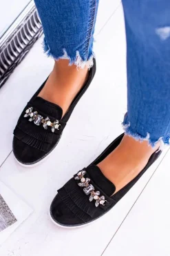 Czarne Zamszowe Mokasyny z Kryształami Vivaro