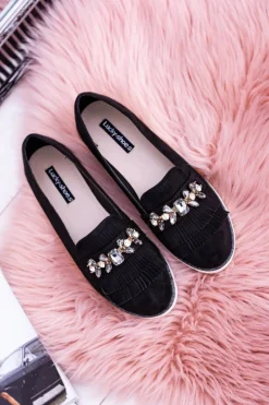 Czarne Zamszowe Mokasyny z Kryształami Vivaro