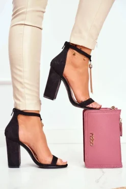 Czarne Zamszowe Sandałki na Słupku z Frędzlem Annick