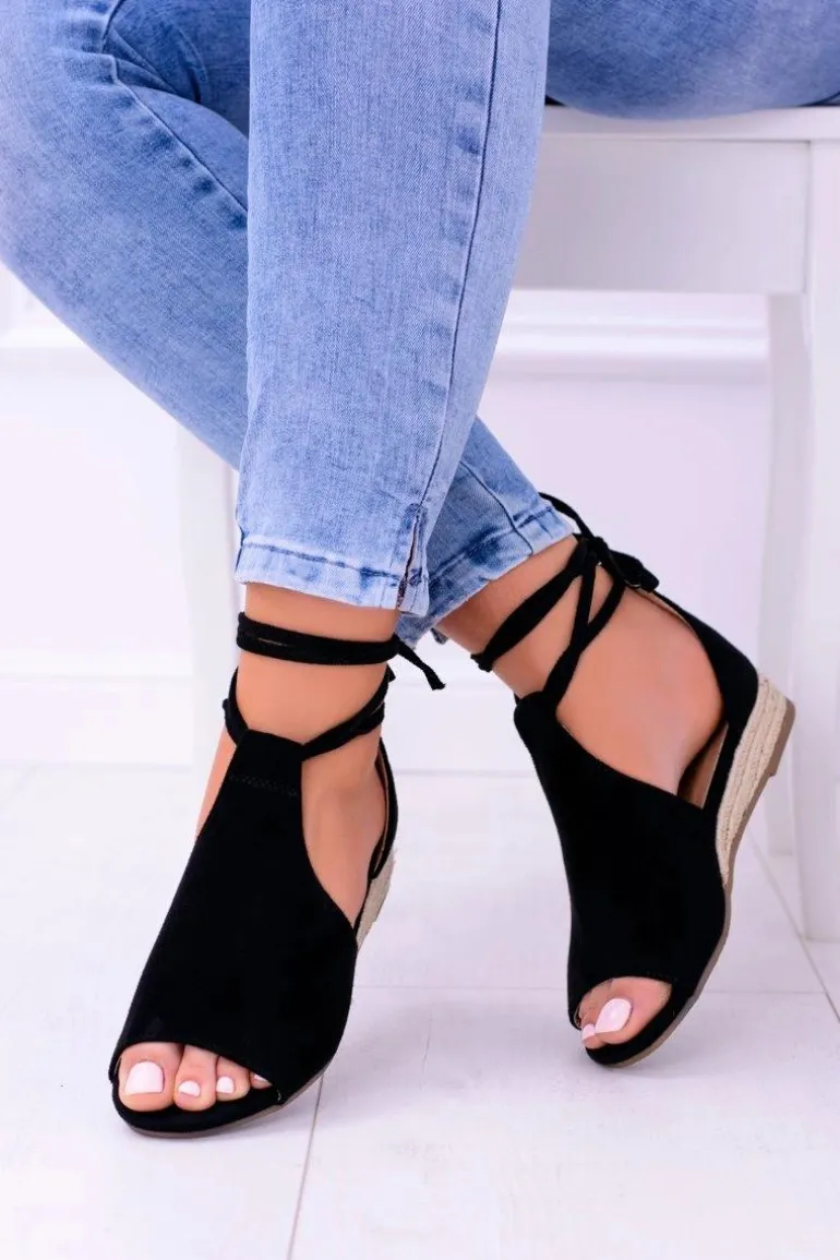 Czarne Zamszowe Sandały na Lekkim koturnie Espanoso