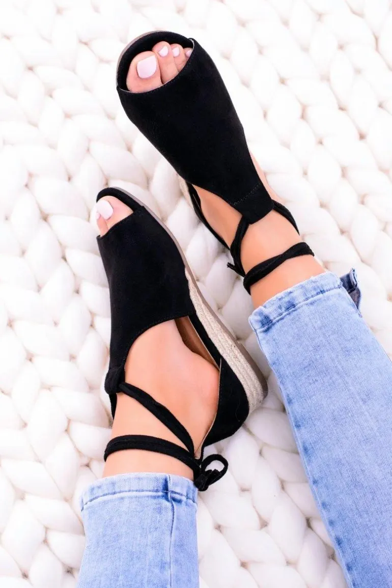 Czarne Zamszowe Sandały na Lekkim koturnie Espanoso