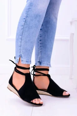 Czarne Zamszowe Sandały na Lekkim koturnie Espanoso