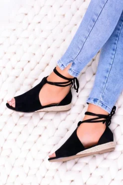 Czarne Zamszowe Sandały na Lekkim koturnie Espanoso