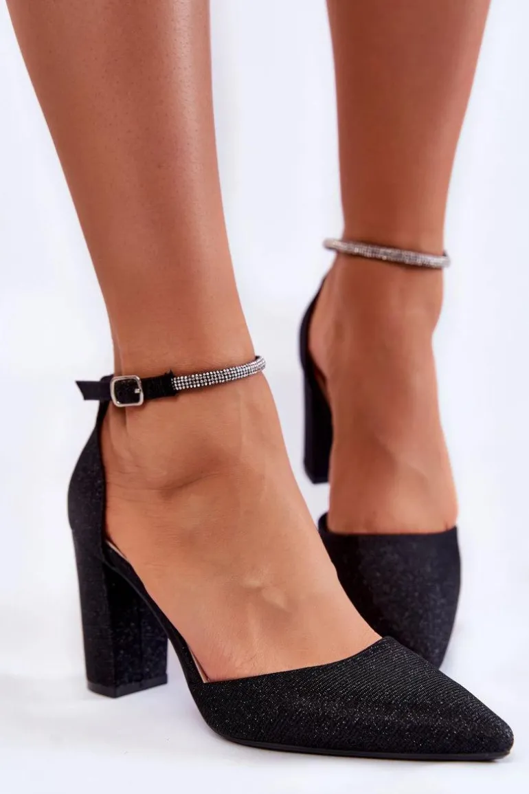 Czółenka Błyszczące Na Obcasie Z Dżetami Czarne Castor