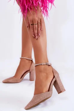 Czółenka Błyszczące Na Obcasie Z Dżetami Różowe Złoto Castor