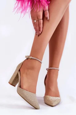 Czółenka Błyszczące Na Obcasie Z Dżetami Złote Castor