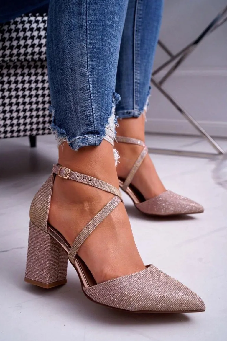 Czółenka Damskie Na Słupku Brokatowe Champagne Perset