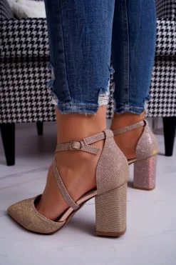 Czółenka Damskie Na Słupku Brokatowe Champagne Perset