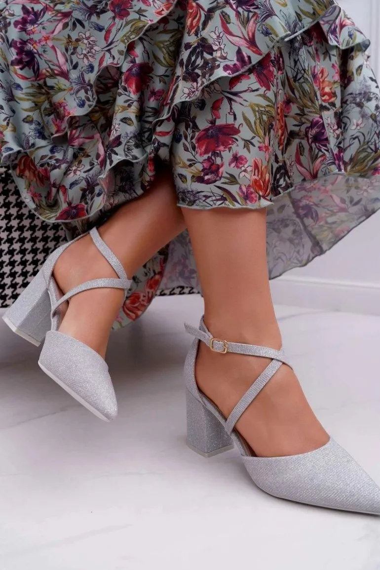 Czółenka Damskie Na Słupku Brokatowe Srebrne Perset