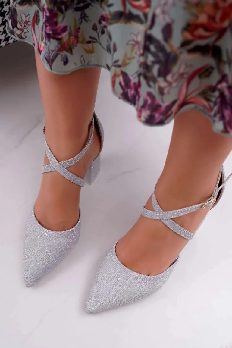 Czółenka Damskie Na Słupku Brokatowe Srebrne Perset