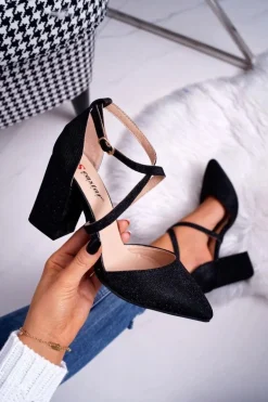 Czółenka Damskie Na Słupku Brokatowe Czarne Trever