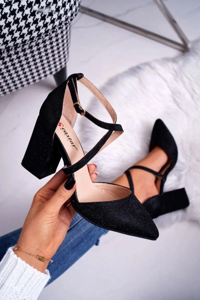 Czółenka Damskie Na Słupku Brokatowe Czarne Trever