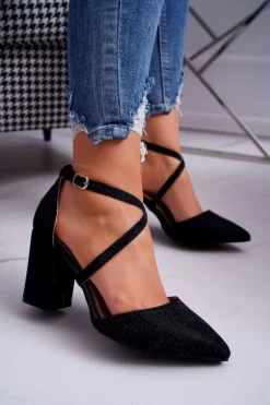 Czółenka Damskie Na Słupku Brokatowe Czarne Trever