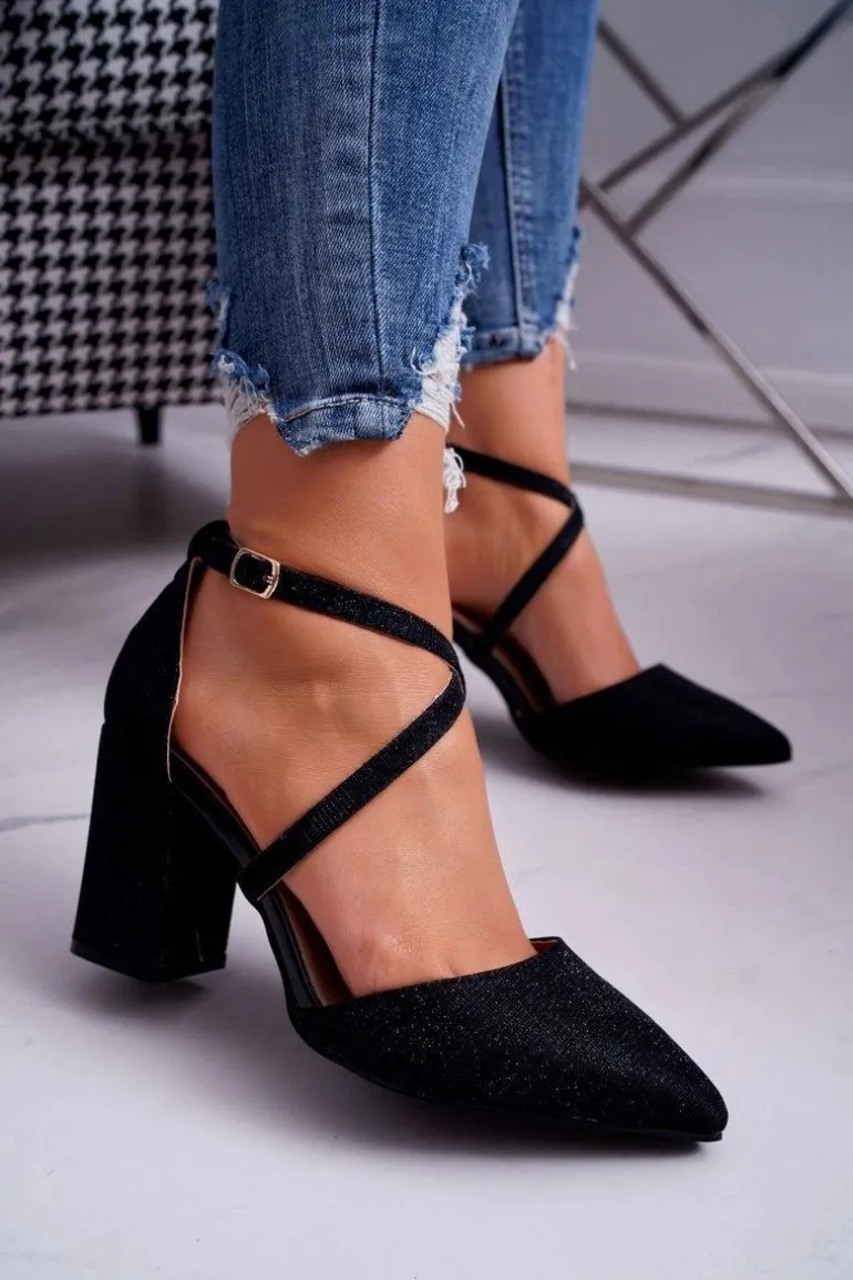 Czółenka Damskie Na Słupku Brokatowe Czarne Trever