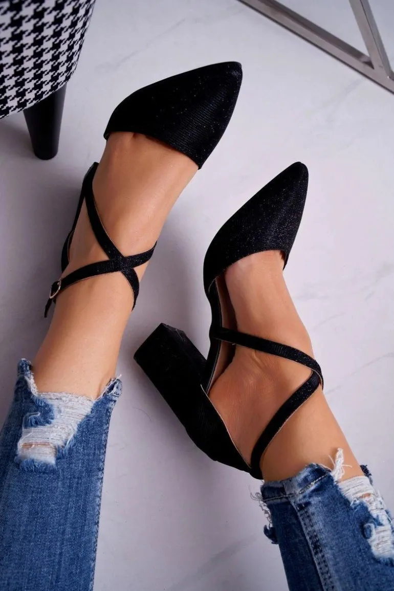 Czółenka Damskie Na Słupku Brokatowe Czarne Trever