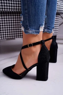 Czółenka Damskie Na Słupku Brokatowe Czarne Trever