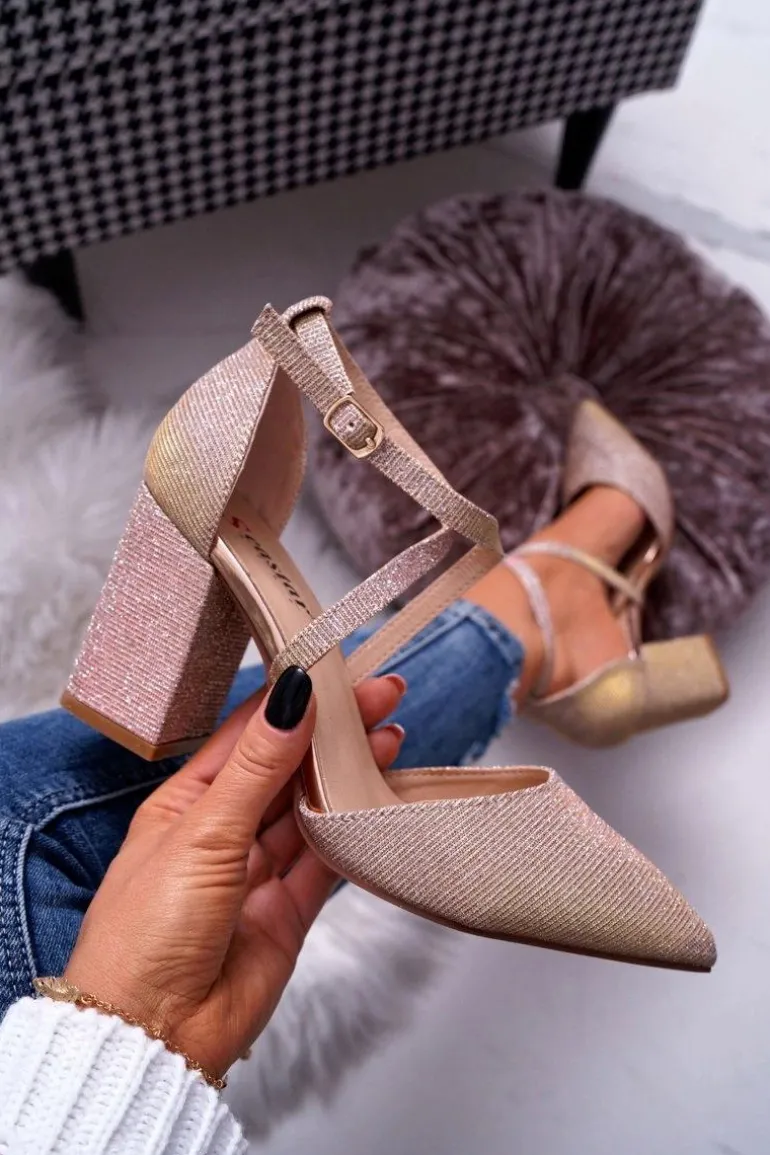 Czółenka Damskie Na Słupku Brokatowe Champagne Trever