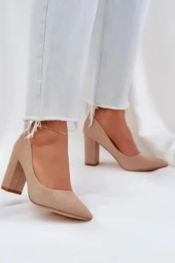 Czółenka Damskie Na Słupku Eko Zamszowe Ciemnobeżowe Florena