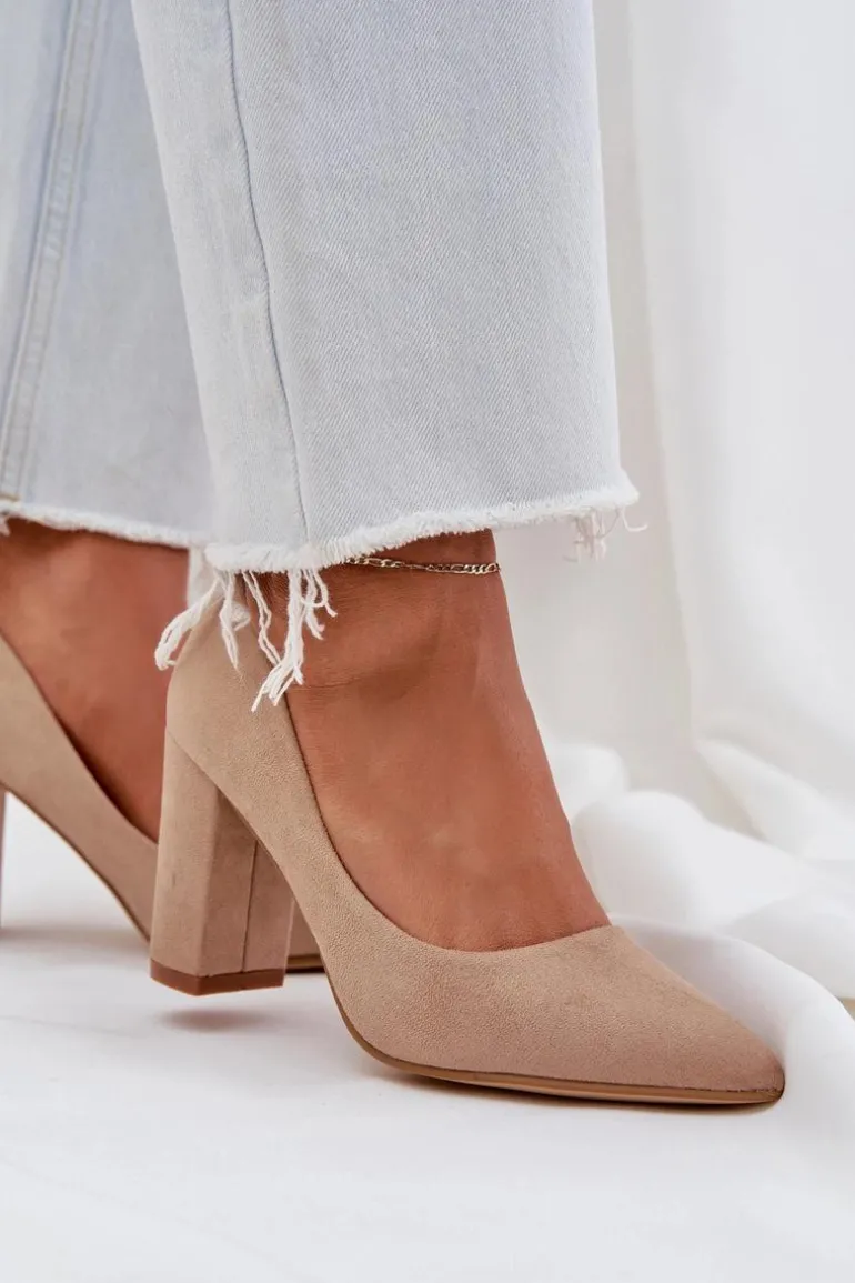 Czółenka Damskie Na Słupku Eko Zamszowe Ciemnobeżowe Florena