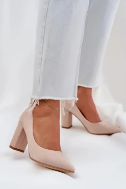 Czółenka Damskie Na Słupku Eko Zamszowe Beżowe Florena