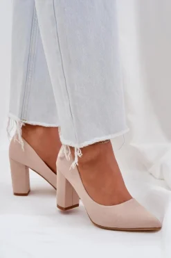 Czółenka Damskie Na Słupku Eko Zamszowe Beżowe Florena