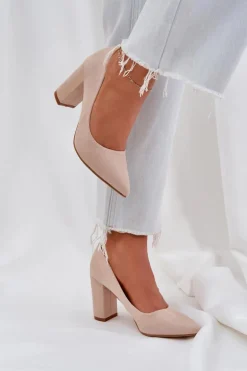 Czółenka Damskie Na Słupku Eko Zamszowe Beżowe Florena