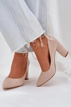 Czółenka Damskie Na Słupku Eko Zamszowe Beżowe Florena