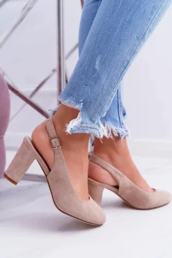 Czółenka Damskie Na Słupku Galanterki Sergio Leone SK788 Beżowe Lati