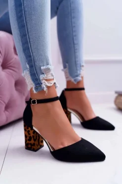 Czółenka Damskie Na Słupku Panterki Czarne Ferri