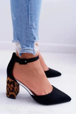 Czółenka Damskie Na Słupku Panterki Czarne Ferri