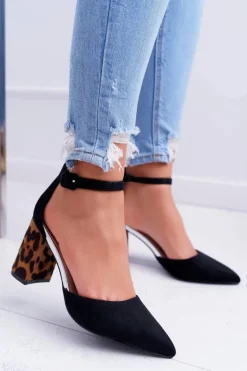 Czółenka Damskie Na Słupku Panterki Czarne Ferri