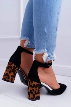 Czółenka Damskie Na Słupku Panterki Czarne Ferri