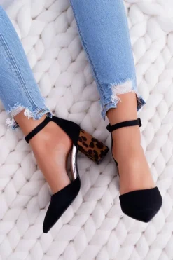 Czółenka Damskie Na Słupku Panterki Czarne Ferri