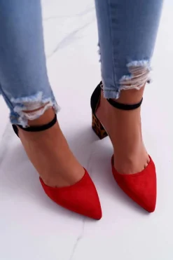 Czółenka Damskie Na Słupku Panterki Czerwone Ferri