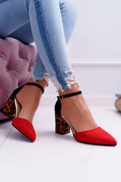 Czółenka Damskie Na Słupku Panterki Czerwone Ferri