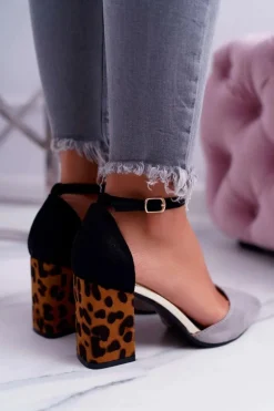 Czółenka Damskie Na Słupku Panterki Szare Ferri