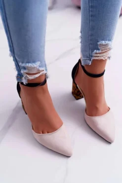 Czółenka Damskie Na Słupku Panterki Beżowe Ferri