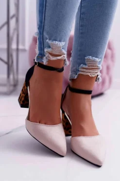 Czółenka Damskie Na Słupku Panterki Beżowe Ferri