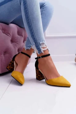 Czółenka Damskie Na Słupku Panterki Żółte Ferri