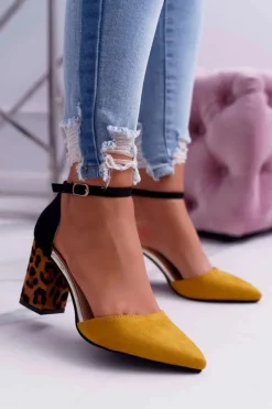 Czółenka Damskie Na Słupku Panterki Żółte Ferri