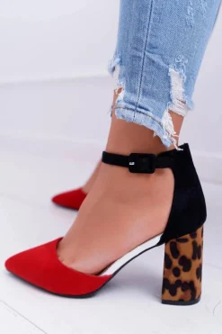 Czółenka Damskie Na Słupku Panterki Czerwone Ferri