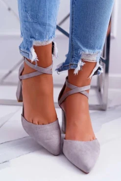 Czółenka Damskie Na Słupku W Szpic Szary Cosmo