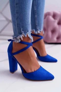 Czółenka Damskie Na Słupku W Szpic Niebieskie High Traffic