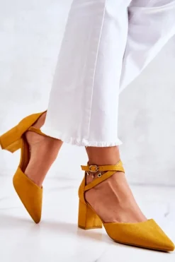 Czółenka Damskie Na Słupku W Szpic Żółte Cosmo