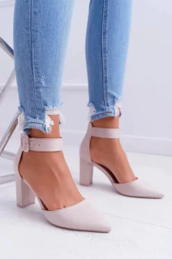 Czółenka Damskie Na Słupku W Szpic Beżowe Domine