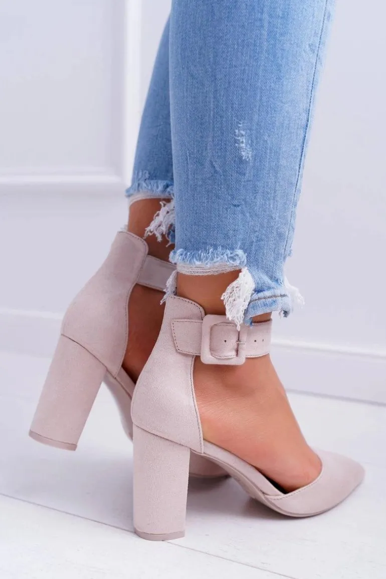 Czółenka Damskie Na Słupku W Szpic Beżowe Domine