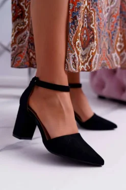 Czółenka Damskie Na Słupku W Szpic Czarne Elegante