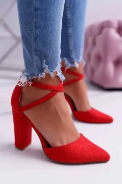 Czółenka Damskie Na Słupku W Szpic Czerwone High Traffic