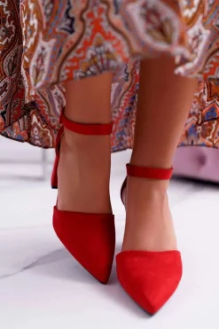 Czółenka Damskie Na Słupku W Szpic Czerwone Elegante