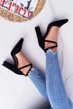 Czółenka Damskie Na Słupku W Szpic Czarne High Traffic